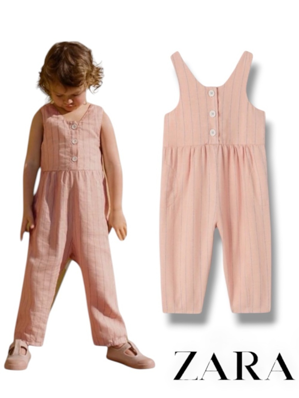 ZARA Kids Pink Linen Striped Jumpsuit NWT 4T 5T